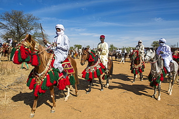 Colourful horse and riders at a Tribal festival, Sahel, Chad, Africa