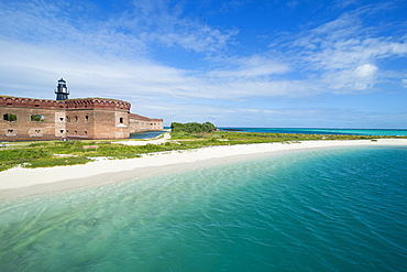 Turquoise waters and white sand beach in front of Fort Jefferson, Dry Tortugas National Park, Florida Keys, Florida, United States of America, North America