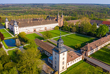 Aerial of the Princely Abbey of Corvey, UNESCO World Heritage Site, North Rhine-Westphalia, Germany, Europe