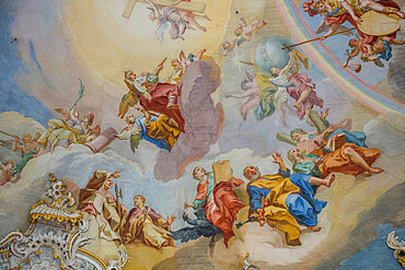 Rococo style paintings on the ceiling of the Pilgrimage Church of Wies, UNESCO World Heritage Site, Steingaden, Bavaria, Germany, Europe