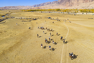 Aerial by drone of a Buzkashi game, Yaklawang, Afghanistan, Asia