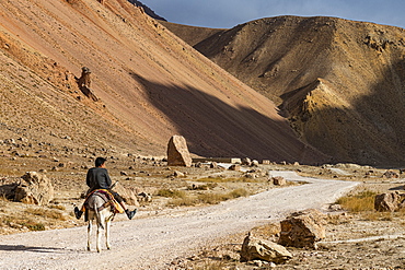 Man with his horse in the valley of Chehel Burj (Forty Towers fortress), Yaklawang province, Bamyan, Afghanistan, Asia