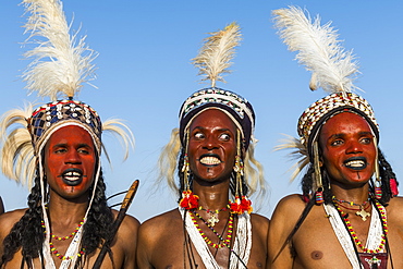 Wodaabe-Bororo men with faces painted at the annual Gerewol festival, courtship ritual competition among the Wodaabe Fula people, Niger, West Africa, Africa