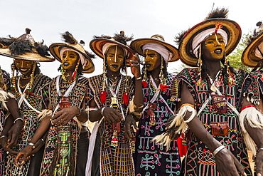 Wodaabe-Bororo men with faces painted at the annual Gerewol festival, courtship ritual competition among the Wodaabe Fula people, Niger, West Africa, Africa