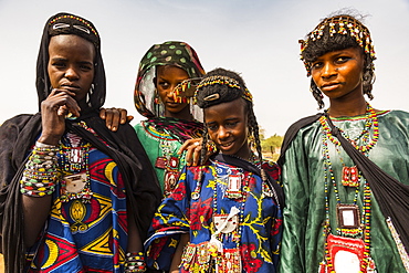 Young girls at the Gerewol festival, courtship ritual competition among the Wodaabe Fula people, Niger, West Africa, Africa