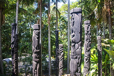 Totem poles from the Sepik River, Botanical Garden, Port Moresby, Papua New Guinea, Pacific