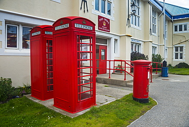 Post office and typical phone boxes, Stanley, capital of the Falkland Islands, South America