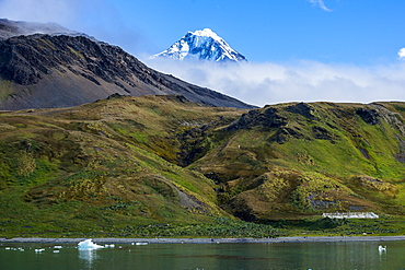 Snow capped mountain breaking through the cloud, Grytviken, South Georgia, Antarctica, Polar Regions