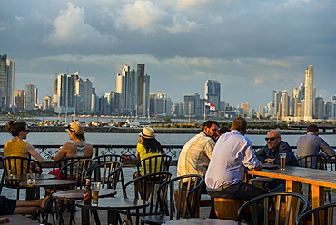 Bar in Casco Viejo overlooking the skyline of Panama City, Panama, Central America