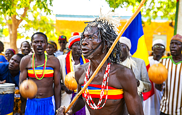 Men dancing at a tribal festival, Southern Chad, Africa