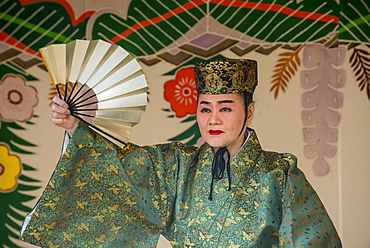 Traditional dressed dancer, Shuri Castle, UNESCO World Heritage Site, Naha, Okinawa, Japan, Asia