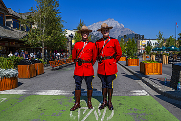 Two Mounties posing, Banff, Alberta, Rocky Mountains, Canada, North America