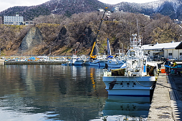 Boat harbour for vistitor boats in Shiretoko National Park, UNESCO World Heritage Site, Hokkaido, Japan, Asia