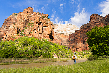 Angels Landing and the Virgin River from in Zion Canyon, Zion National Park, Utah, United States of America, North America