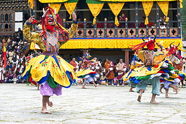 Traditional dancers at the Paro festival, Paro, Bhutan, Asia