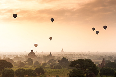 Hot air balloons over the temples of Bagan (Pagan), Myanmar (Burma), Asia