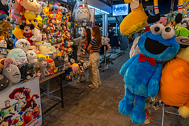Customers buying soft toys at a night market in Bangkok, Thailand, Southeast Asia, Asia