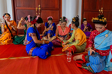 Thai classical dancers and musicians at Makha Bucha Buddhist celebrations where relics of Buddha are enshrined at the Royal Park Rajapruek, Chiang Mai, Thailand, Southeast Asia, Asia