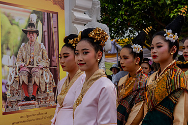 Thai classical dancers and musicians at Makha Bucha Buddhist celebrations where relics of Buddha are enshrined at the Royal Park Rajapruek, Chiang Mai, Thailand, Southeast Asia, Asia