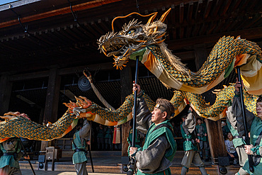 Performance of traditional dragon dance at temples and shrines during the cherry blossom (sakura) season and festivals, Kyoto, Honshu, Japan, Asia