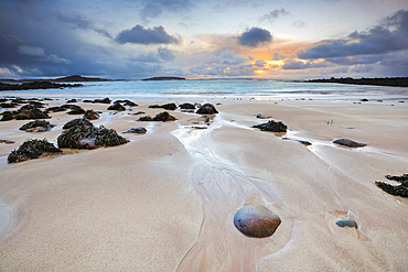 Sandy beach at Reiff Bay with the Summer Isles in the background during moody winter sunset on the shores of northwest Scotland, Highland, Scotland, United Kingdom, Europe