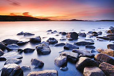 Overlooking rocky Reiff Bay at sunrise with the Summer Isles in the background, shores of northwest Scotland, Highland, Scotland, United Kingdom, Europe