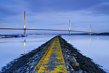 The Queensferry Crossing at dusk, view from the Fírth of Forth at South Queensferry, near Edinburgh, Scotland, United Kingdom, Europe