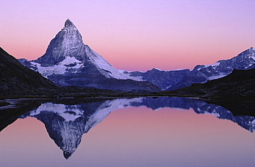 Matterhorn, switzerland. Valais, wallis. Alps, matterhorn at 4478 m. Reflection in lake riffel