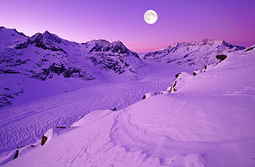 Swiss alps, mountains, wannenhorn, wannenhoerner, aletschhorn, 4195 m, aletsch glacier, switzerland, wallis, view from the bettmerhorn, full moon, dusk, digital composition