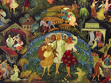 Russia detail of miniature box painting soviet era at the museum in palekh