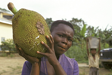 Equatorial guinea boy carrying fruit, ebebiyin