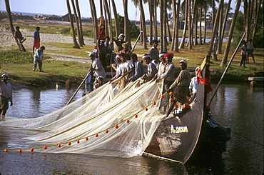 India fishermen drawing in on backwaters quilon kerala