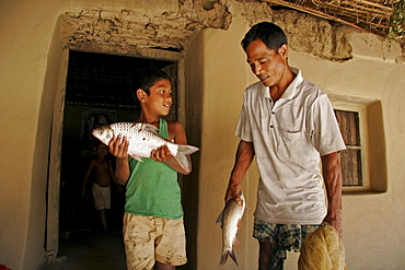 Bangladesh farid pathang and homar, father and son of garo tribal minority, with freshly caught fish, haluaghat, mymensingh region