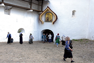 Russia entance to inner section of pechersky caves monastery, pskov district, founded on august 28th 1473 by saint jonah sheshnik