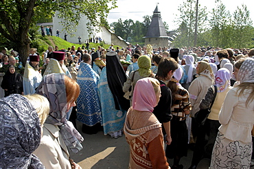 Russia clergy circumambulating monastery during annual feast procession on 28/8/2006 at pechersky caves monastery, pskov district, founded on august 28th 1473 by saint jonah sheshnik