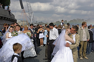 Russia wedding party besdie neva river, saint petersbur