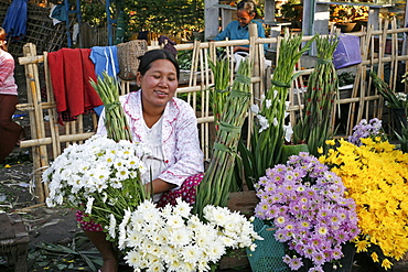 Myanmar flower seller in market at myitkyina, a largely kachin community in north burma near chinese border 