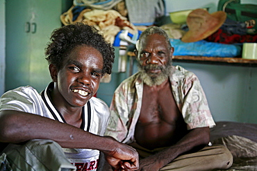 Australia. Young aborigine man visiting his elders. Aborigine community of , or beswick, arnemland, northern territory. 2007