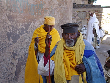 Monastery, ethiopia. Debre damo monastery. Tigray. Pilgrims gathered underneath cliff