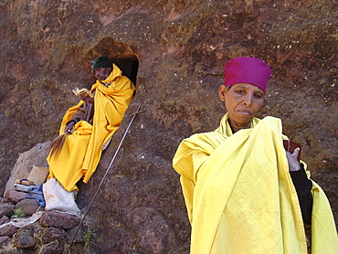 Religion, ethiopia. Monk and nun staying in the caves near the churches of lalibela