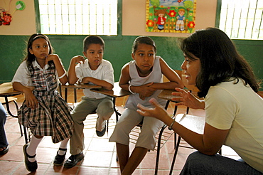 Colombia extra-curricular seminar in a middle school at la paz, barrancabermeja, in which children discuss violence in their community, and their personal experiences. Many had witnessed killings and dead bodies at close range. The seminars are organised by dni, international defense of children. Their town is one of the most violent in colombia