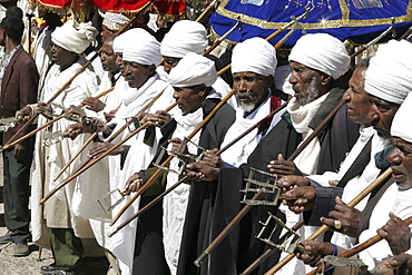 Ethiopia turbanned, married orthodox priests chanting and dancing during the feast of mary, axum