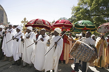 Ethiopia turbanned, married orthodox priests chanting and dancing during the feast of mary, axum