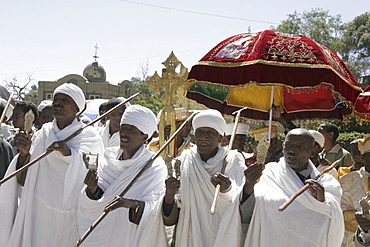 Ethiopia turbanned, married orthodox priests chanting and dancing during the feast of mary, axum