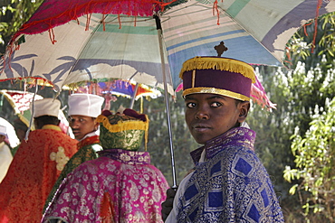 Ethiopia procession of monks at the abuna garima monastery, tigray, during the visit of his holiness, patriarch paulos, who used to be a monk at the monastery