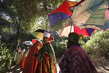 Ethiopia procession of monks at the abuna garima monastery, tigray, during the visit of his holiness, patriarch paulos, who used to be a monk at the monastery