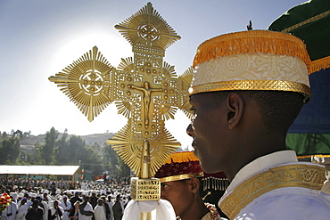 Ethiopia the maryam feast, feast of mary, at axum. Priests holding elaborate ethiopian crosses during the event