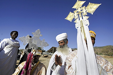 Ethiopia the maryam feast, feast of mary, at axum. Priests holding elaborate ethiopian crosses during the event