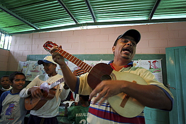 Venezuela teachers and children playing music, chamiza school, lara