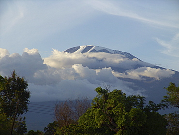 Tanzanian mount kilimanjaro in the clouds, viewed from arusha